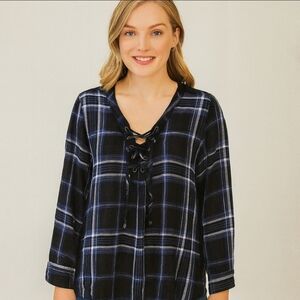 Woman Within Navy Plaid Drawstring Pullover Soft Plus Size Top Sz 1X